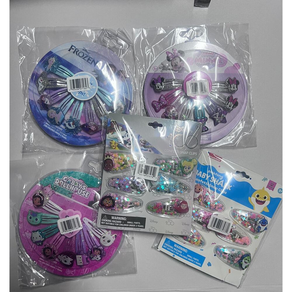 Bundle of 5 Disney 100 Frozen Minnie Gabby's Dollhouse Baby Shark Hair Clips